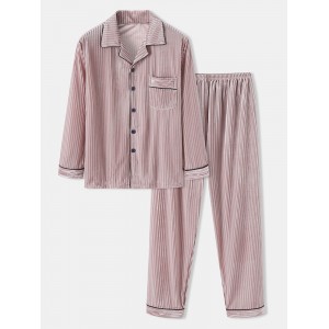 Mens Coral Fleece Lapel Button Up Long Sleeve Loose Pants Two  Piece Home Warm Pajamas Set