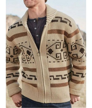 Mens Ethnic Print Zipper Knitted Casual Slim Fit Long Sleeve Cardigan Sweater