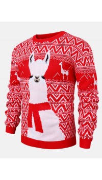 Christmas Mens Cartoon Alpaca   Geometry Knitted Warm Pullover Sweaters