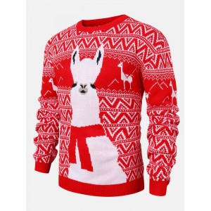 Christmas Mens Cartoon Alpaca   Geometry Knitted Warm Pullover Sweaters