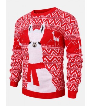 Christmas Mens Cartoon Alpaca   Geometry Knitted Warm Pullover Sweaters