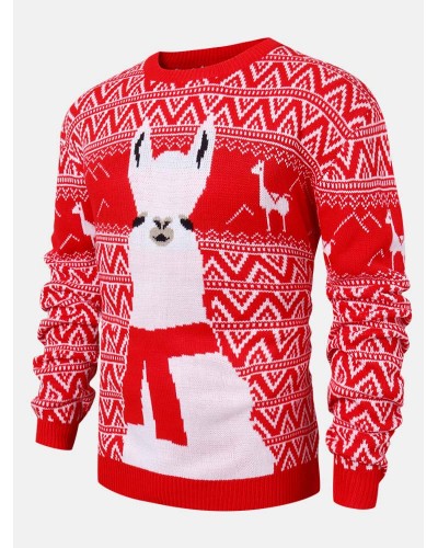 Christmas Mens Cartoon Alpaca   Geometry Knitted Warm Pullover Sweaters