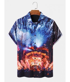 Men All Over Music Show Print Button Up Short Sleeve Shirts