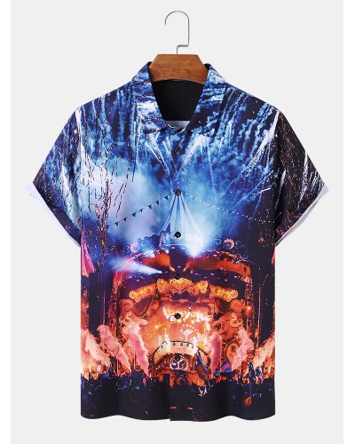 Men All Over Music Show Print Button Up Short Sleeve Shirts