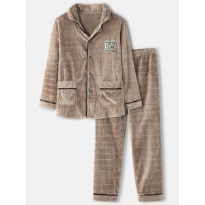 Mens Grid Textured Applique Revere Collar Flannel Cozy Pajamas Sets With Contrast Binding