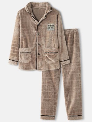 Mens Grid Textured Applique Revere Collar Flannel Cozy Pajamas Sets With Contrast Binding