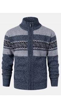 Mens Zip Front Vintage Pattern Knitted Casual Cardigans With Slant Pocket