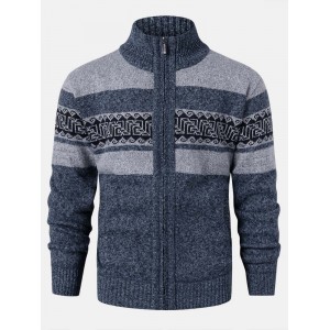 Mens Zip Front Vintage Pattern Knitted Casual Cardigans With Slant Pocket