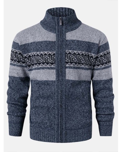 Mens Zip Front Vintage Pattern Knitted Casual Cardigans With Slant Pocket