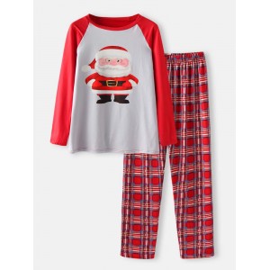 Mens Cartoon Santa Claus Print Raglan Sleeve Loose Plaid Pants Home Lounge Pajamas Set