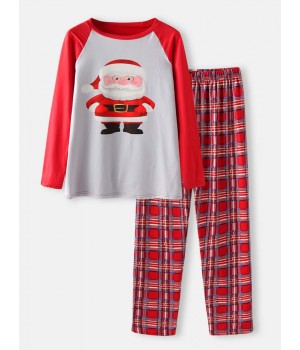 Mens Cartoon Santa Claus Print Raglan Sleeve Loose Plaid Pants Home Lounge Pajamas Set