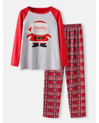 Mens Cartoon Santa Claus Print Raglan Sleeve Loose Plaid Pants Home Lounge Pajamas Set