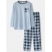 Mens Round Neck Long Sleeve Pullover Palid Elastic Waist Pocket Pants Home Pajama Set