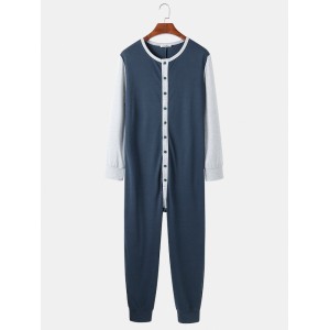Mens Patchwork Colorblock Round Neck Button Up Long Sleeve Comfy Home Jumpsuit Pajamas