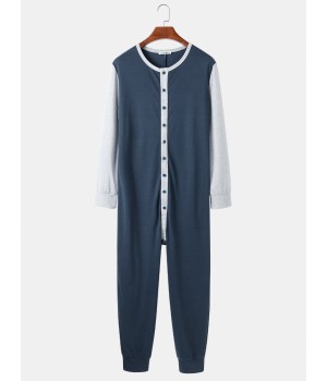 Mens Patchwork Colorblock Round Neck Button Up Long Sleeve Comfy Home Jumpsuit Pajamas