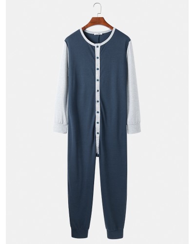 Mens Patchwork Colorblock Round Neck Button Up Long Sleeve Comfy Home Jumpsuit Pajamas