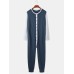 Mens Patchwork Colorblock Round Neck Button Up Long Sleeve Comfy Home Jumpsuit Pajamas