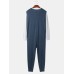 Mens Patchwork Colorblock Round Neck Button Up Long Sleeve Comfy Home Jumpsuit Pajamas