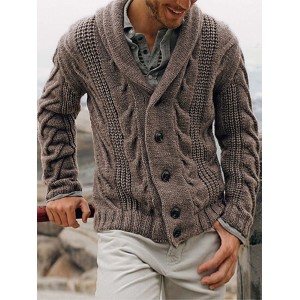 Mens Rib  Knit Button Front Lapel Solid Casual Long Sleeve Cardigans