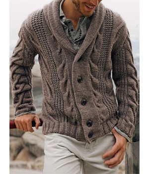 Mens Rib  Knit Button Front Lapel Solid Casual Long Sleeve Cardigans