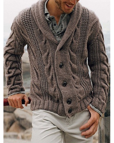 Mens Rib  Knit Button Front Lapel Solid Casual Long Sleeve Cardigans