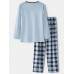 Mens Round Neck Long Sleeve Pullover Palid Elastic Waist Pocket Pants Home Pajama Set