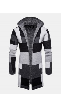 Mens Colorblock Knitted Long Sleeve Mid  Length Hooded Sweater Cardigans