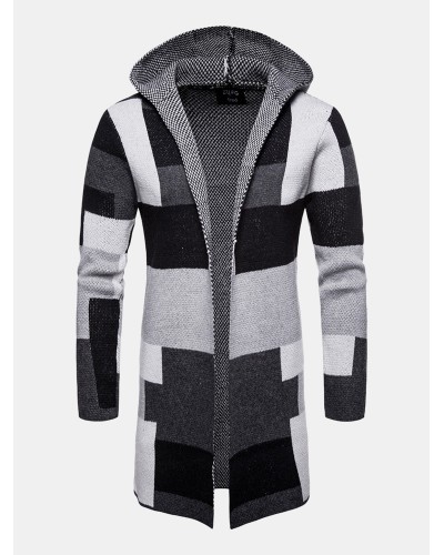 Mens Colorblock Knitted Long Sleeve Mid  Length Hooded Sweater Cardigans