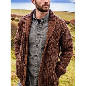 Mens Single Breasted Patchwork Knitted Long Sleeve Cardigan Sweater