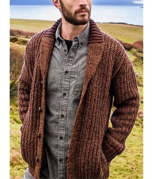 Mens Single Breasted Patchwork Knitted Long Sleeve Cardigan Sweater