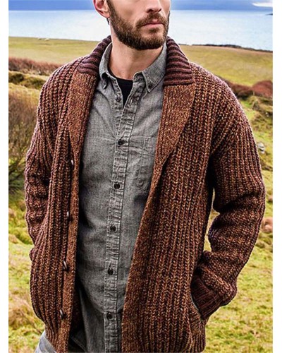 Mens Single Breasted Patchwork Knitted Long Sleeve Cardigan Sweater