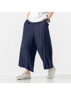 Mens Linen Pants Wide Leg Baggy Holiday Casual Trousers Hiking Sport Cycling Pants