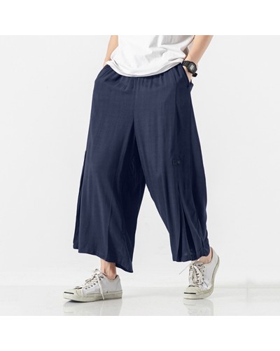 Mens Linen Pants Wide Leg Baggy Holiday Casual Trousers Hiking Sport Cycling Pants