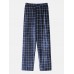 Mens Winter Flannel Plaid Round Neck Tops Loose Pants Thick Home Lounge Pajamas Set