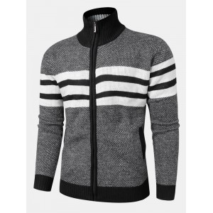 Mens Knitted Stripe Zip Front Stand Collar Casual Warm Cardigans
