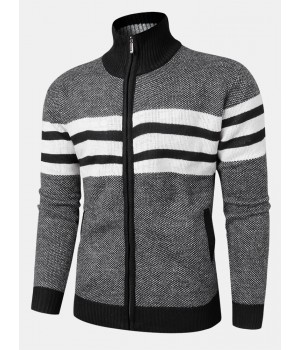 Mens Knitted Stripe Zip Front Stand Collar Casual Warm Cardigans