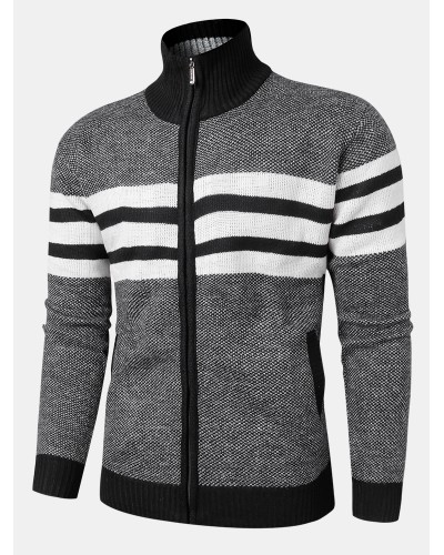 Mens Knitted Stripe Zip Front Stand Collar Casual Warm Cardigans