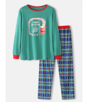 Mens Cartoon Christmas Print Loose Round Neck Plaid Pants Home Pajamas Set