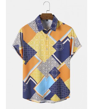 Men Patchwork Geometric Soft Breathable All Matched Skin Friendly Shirts