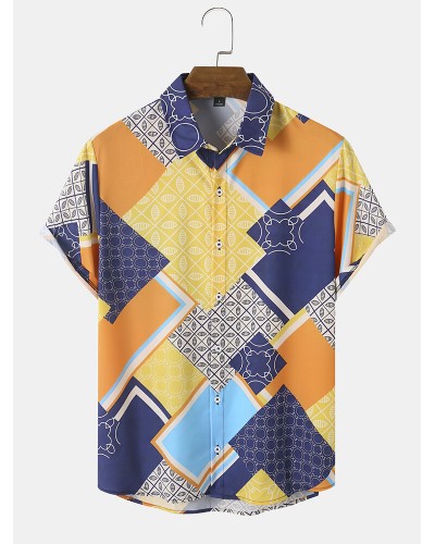 Men Patchwork Geometric Soft Breathable All Matched Skin Friendly Shirts