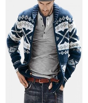 Mens Tribal Pattern Knitted Baseball Collar Vintage Sweater Cardigans