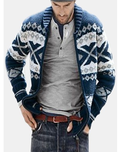 Mens Tribal Pattern Knitted Baseball Collar Vintage Sweater Cardigans