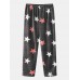 Mens Flannel Letter Embroidery Stars Pattern Round Neck Warm Pajamas Sets