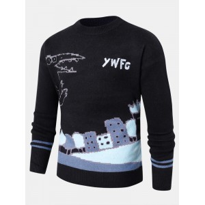 Mens Cartoon Animal Letter Embroidery Crew Neck Ribbed Knit Sweaters