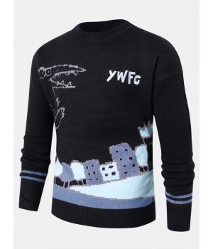 Mens Cartoon Animal Letter Embroidery Crew Neck Ribbed Knit Sweaters