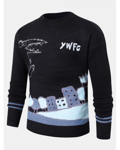 Mens Cartoon Animal Letter Embroidery Crew Neck Ribbed Knit Sweaters