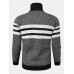 Mens Knitted Stripe Zip Front Stand Collar Casual Warm Cardigans