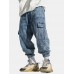 Mens All Over Currency Symbol Print Drawstring Denim Cargo Pants