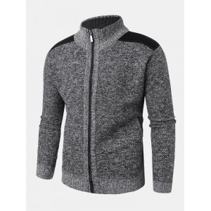 Mens Patchwork Zip Front Knit Patched Sleeve Warm Cardigans