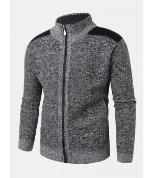 Mens Patchwork Zip Front Knit Patched Sleeve Warm Cardigans